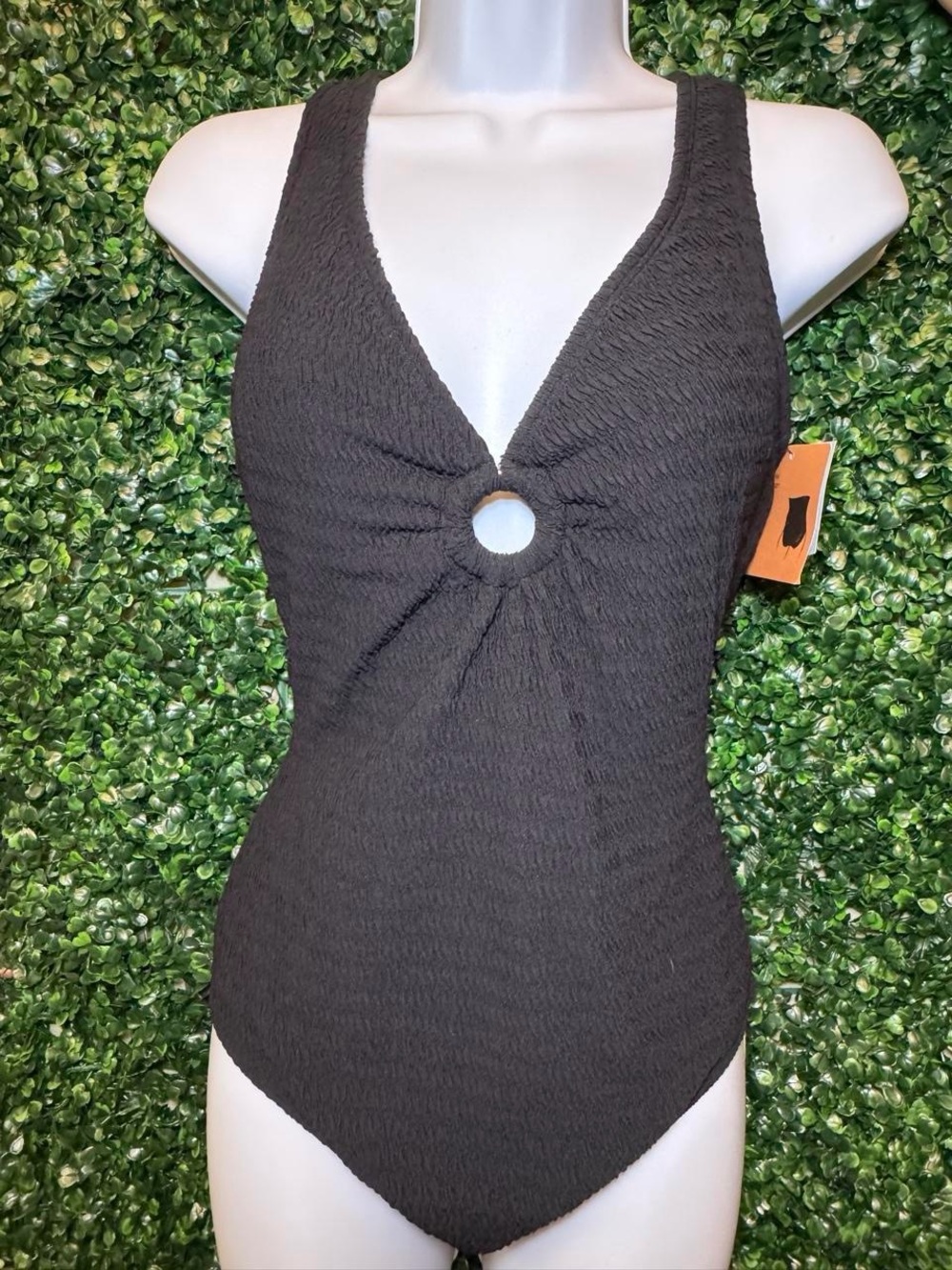 Shade & Shore Black Textured V-Neck One-Piece with Front Keyhole